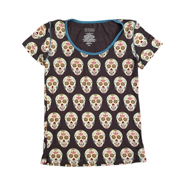 KICKEE PANTS Dia De Los Muertos Skull Short Sleeve Tee Brown and Blue - Picture 1 of 1